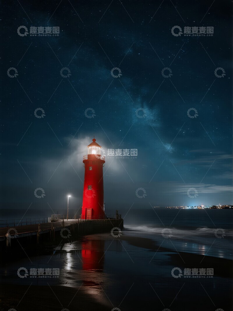 高清大图下载【趣麦麦图】夜晚的红色灯塔与木栈道