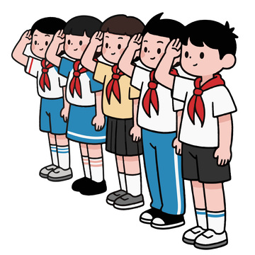 一排敬礼的小学生