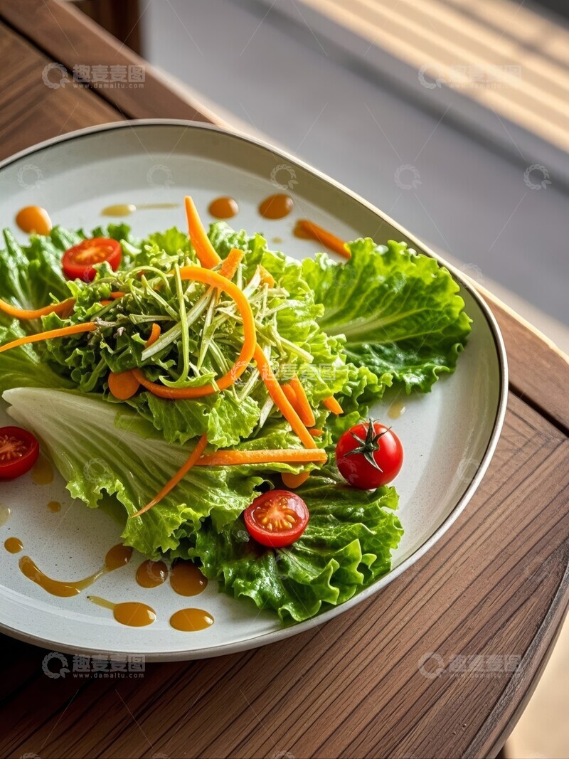 高清大图下载【趣麦麦图】新鲜蔬菜沙拉配以胡萝卜丝和樱桃番茄
