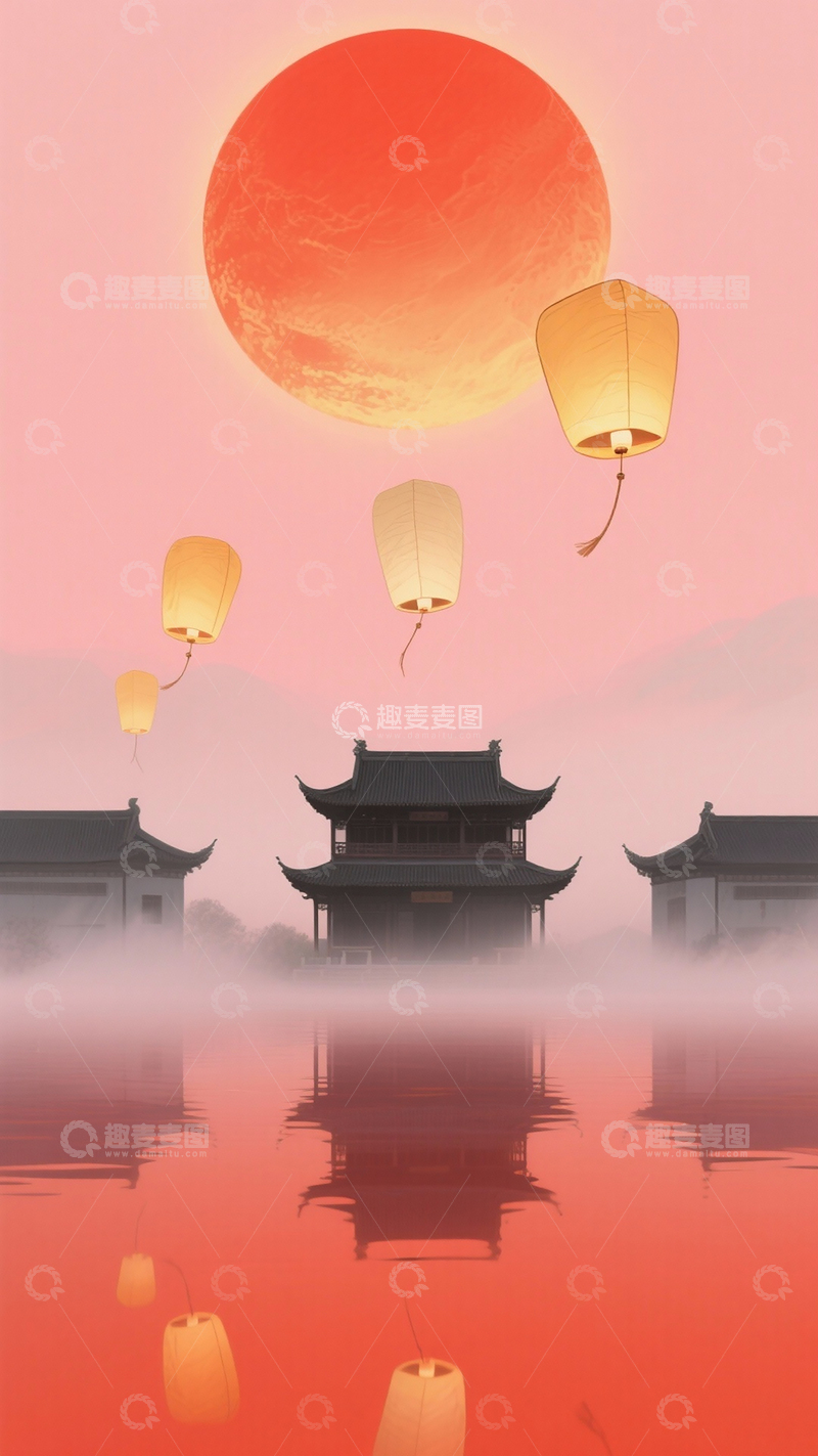 高清大图下载【趣麦麦图】古风红月孔明灯古建楼阁中秋粉色天空背景