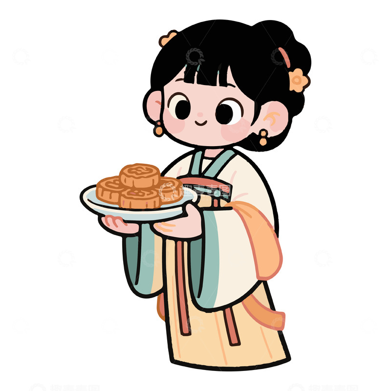 源文件下载【趣麦麦图】捧着月饼的女孩