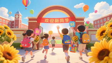 中小学开学季学生进学校海报素材