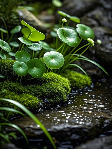 青苔上的铜钱草与溪流