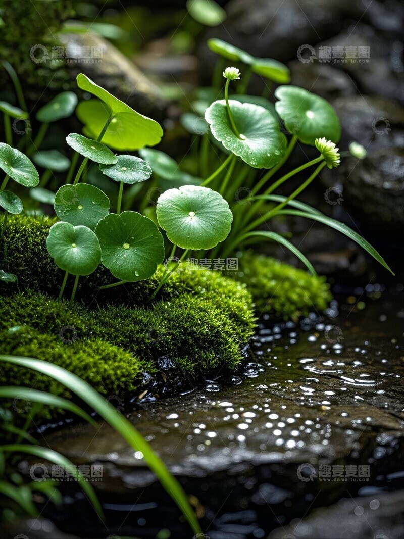 青苔上的铜钱草与溪流