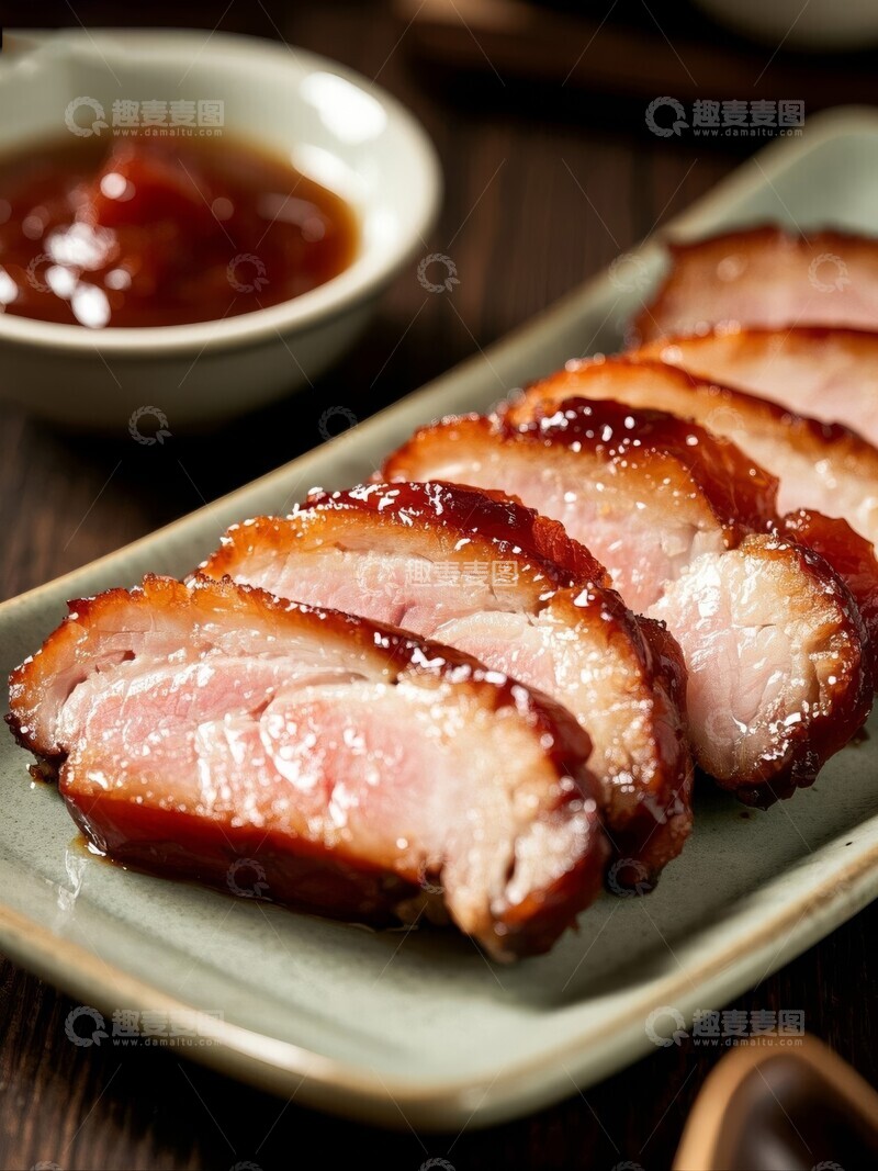 高清大图下载【趣麦麦图】粤菜叉烧肉片配蘸酱料