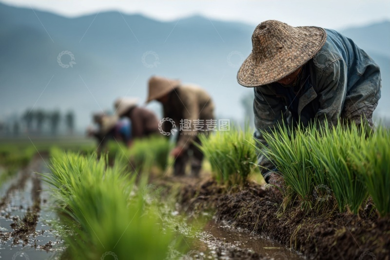高清大图下载【趣麦麦图】农田里插秧的农民