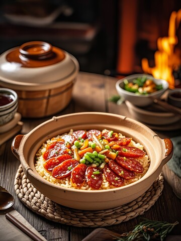 广式煲仔饭配以蔬菜青豆
