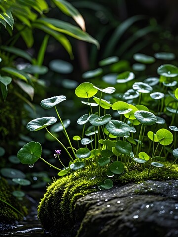 青苔上的铜钱草与溪流特写