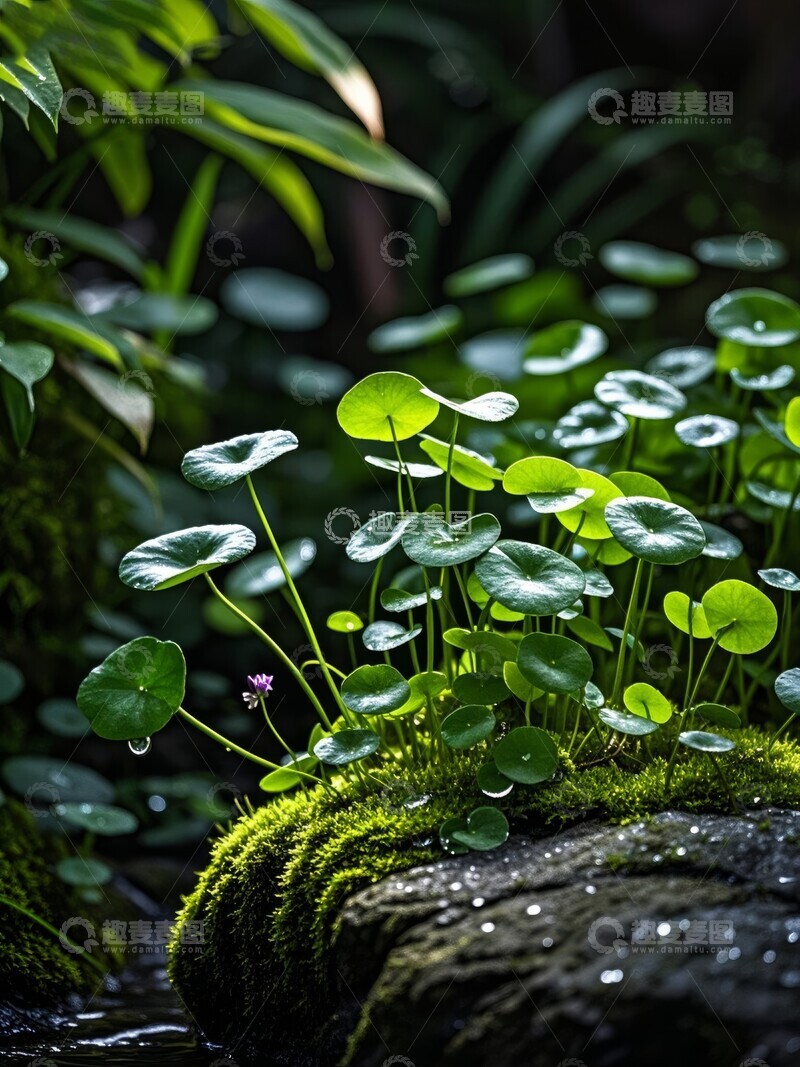 高清大图下载【趣麦麦图】青苔上的铜钱草与溪流特写