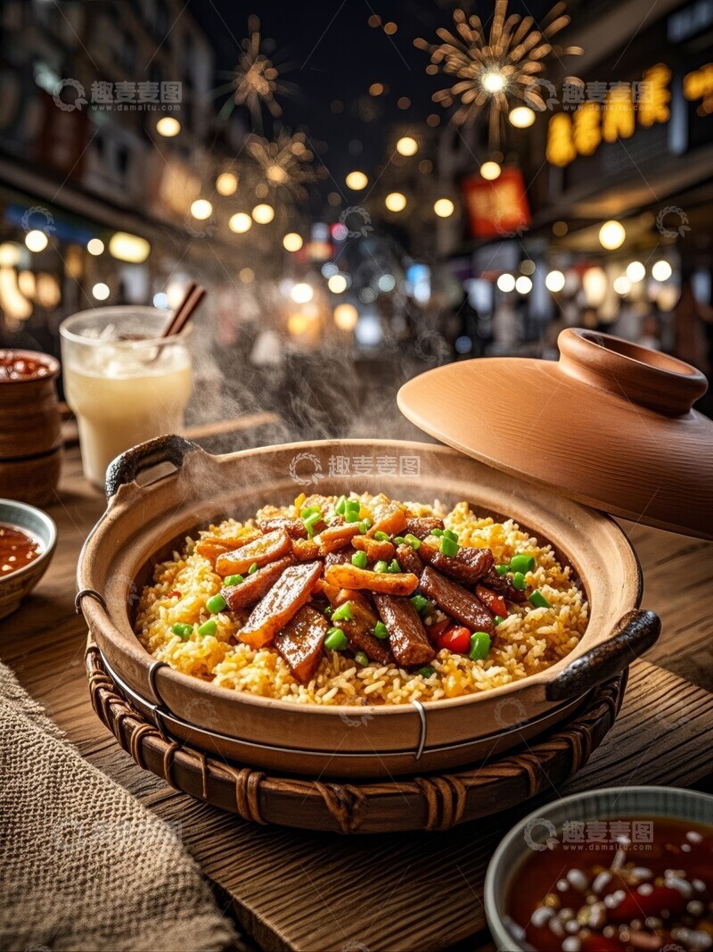 高清大图下载【趣麦麦图】夜市广式煲仔饭配以蔬菜
