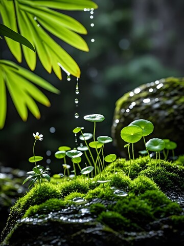 青苔上的铜钱草与溪流