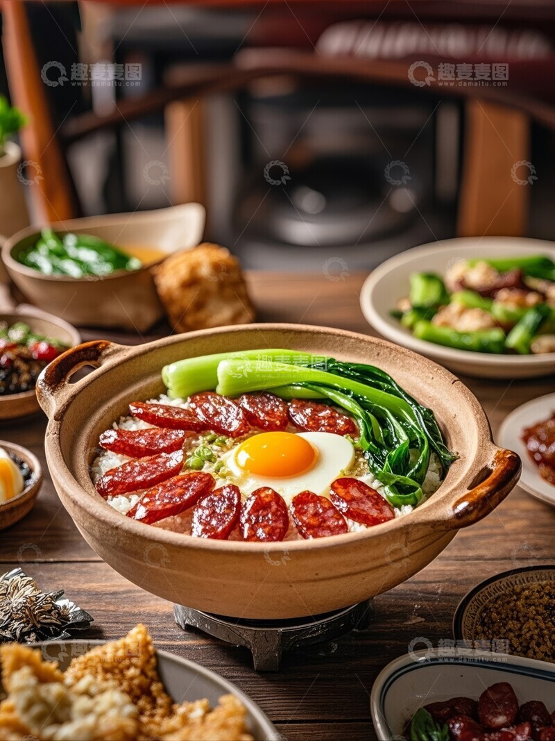 高清大图下载【趣麦麦图】热气腾腾的煲仔饭配以蔬菜和烤肉