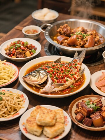 丰盛中式餐桌各式美味佳肴