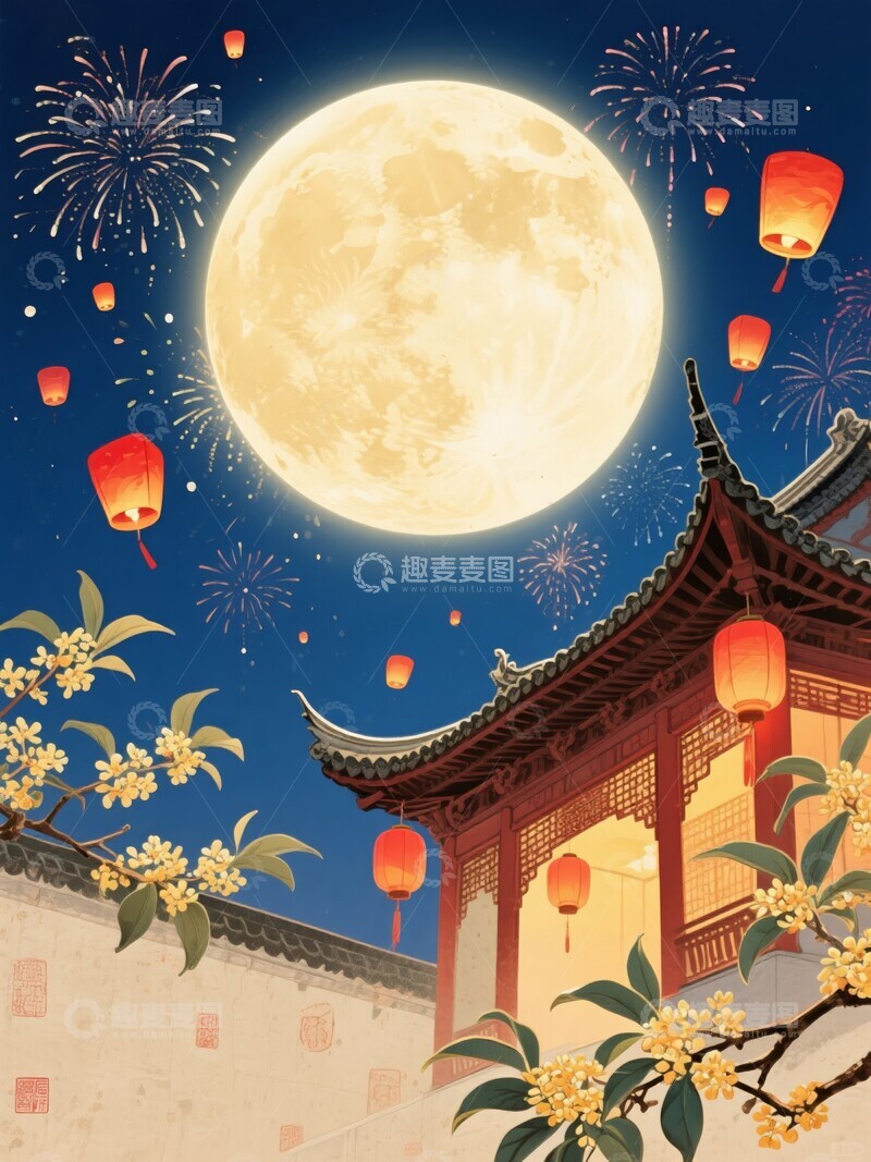 高清大图下载【趣麦麦图】中秋灯笼与烟花映衬古建筑
