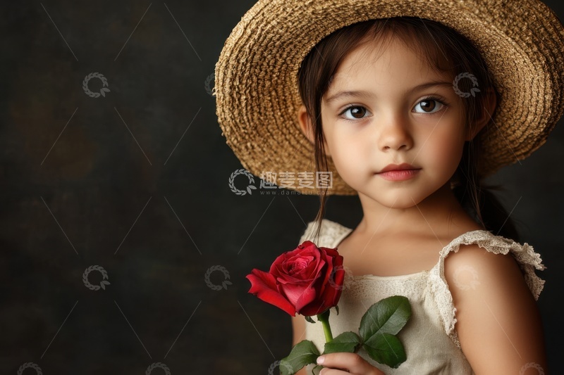 高清大图下载【趣麦麦图】拿着玫瑰花带着草帽的女孩