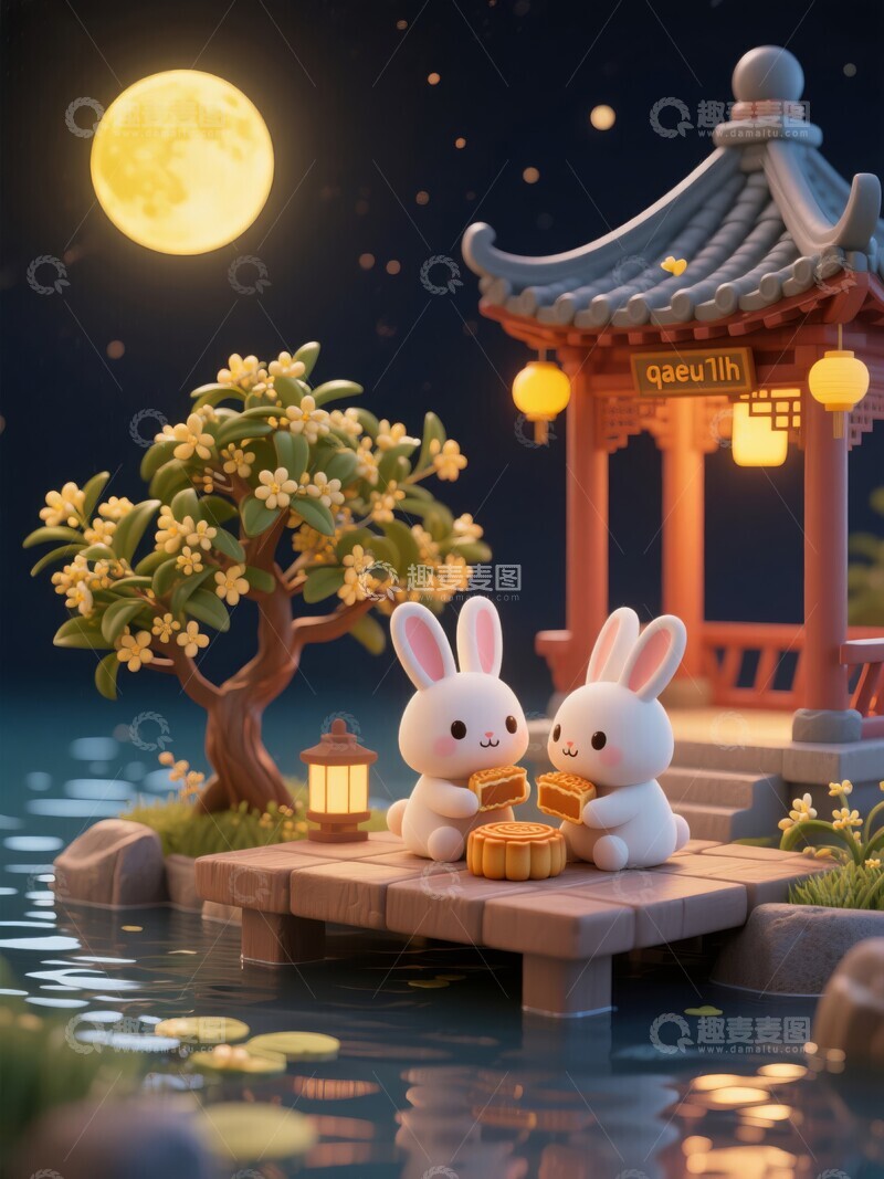 高清大图下载【趣麦麦图】月夜亭中兔子品月饼