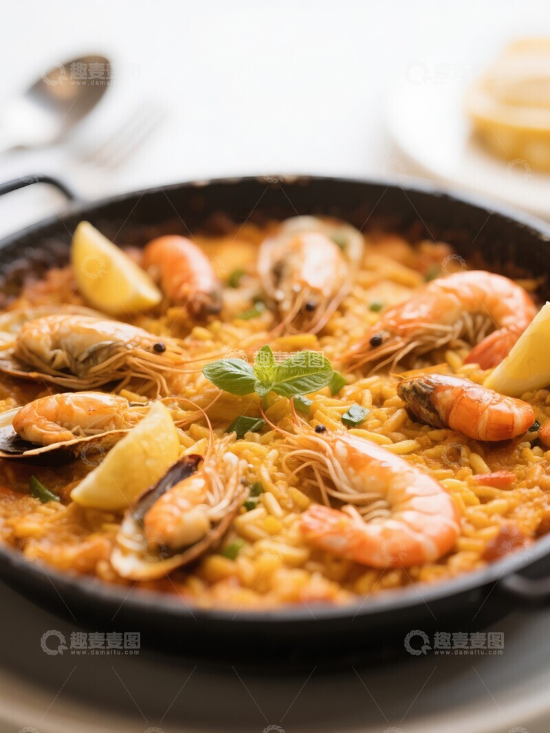 高清大图下载【趣麦麦图】海鲜饭特写，配以虾、柠檬和香草