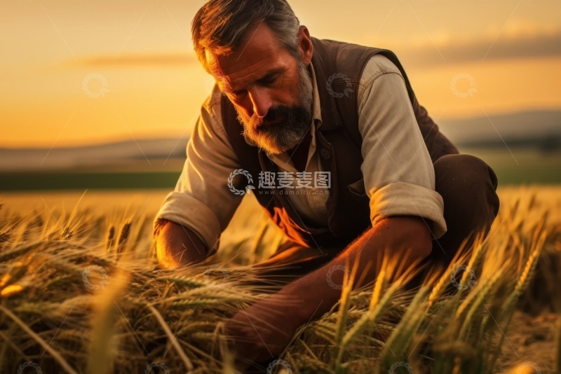 高清大图下载【趣麦麦图】麦田里看麦子的农民