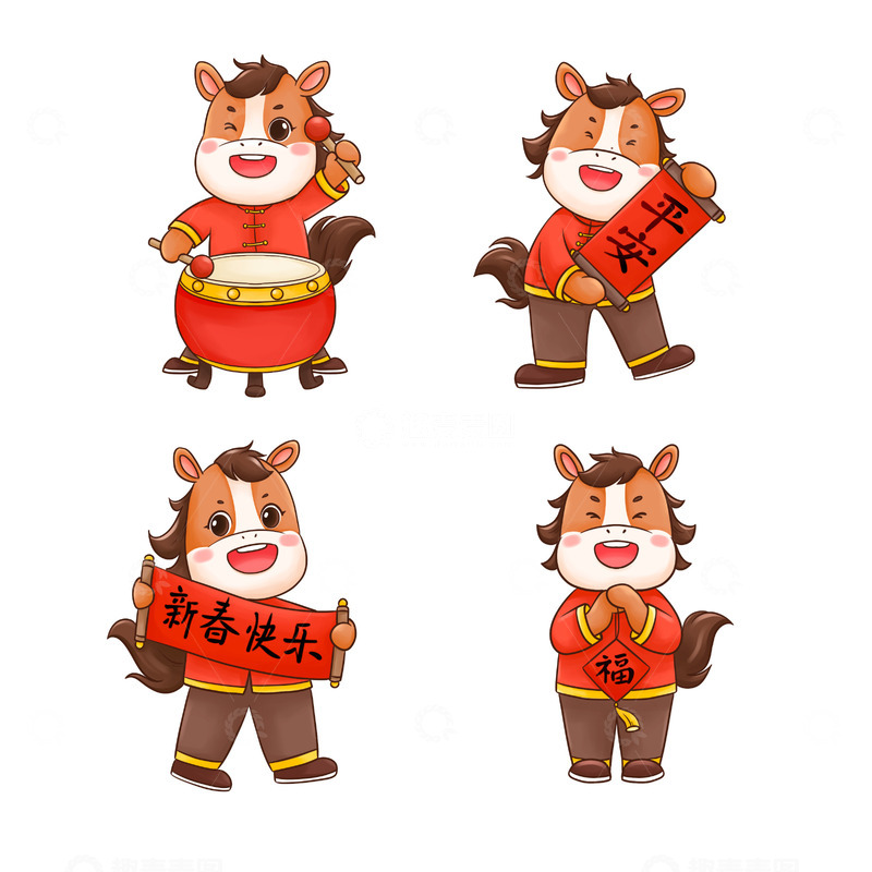卡通风春节小马形象敲鼓持联元素