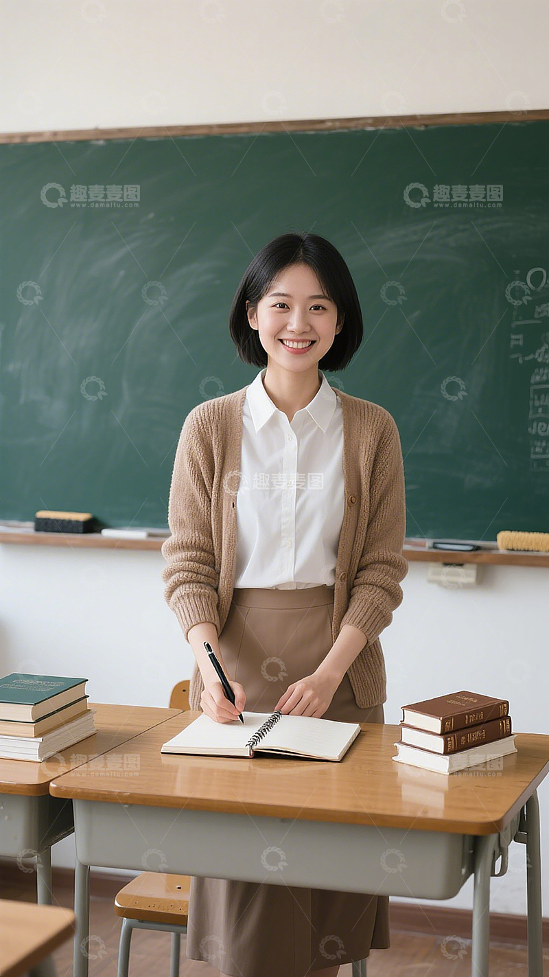 高清大图下载【趣麦麦图】短发女教师站于课桌后穿白色衬衫搭针织开衫