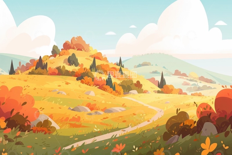 高清大图下载【趣麦麦图】手绘简约秋季山坡树林自然美景