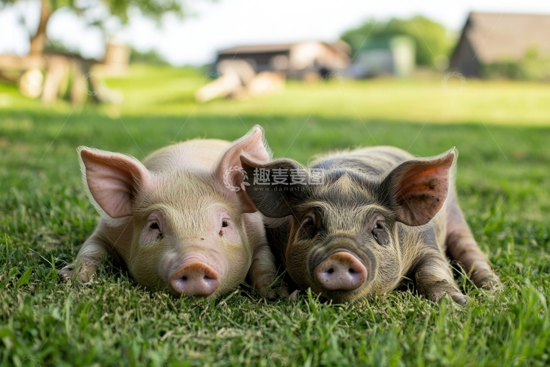 高清大图下载【趣麦麦图】趴在草地上的两只小猪