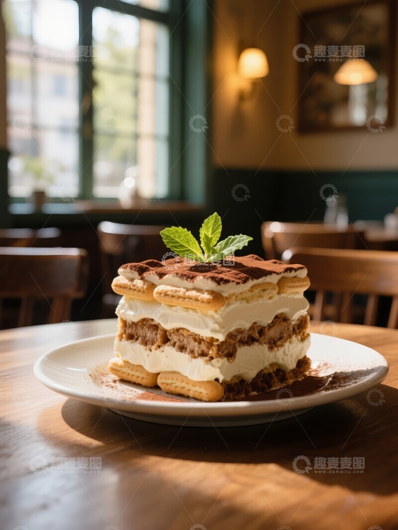 高清大图下载【趣麦麦图】经典提拉米苏蛋糕，点缀薄荷叶