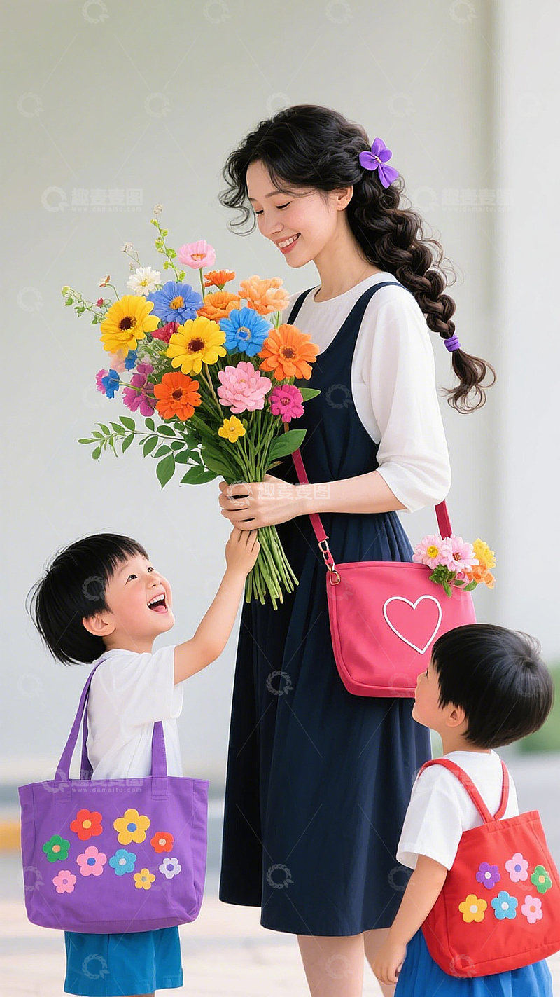 高清大图下载【趣麦麦图】教师节节日献花两位孩子给教师递花温馨