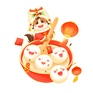 卡通风春节马年形象元宵汤圆场景插画素材