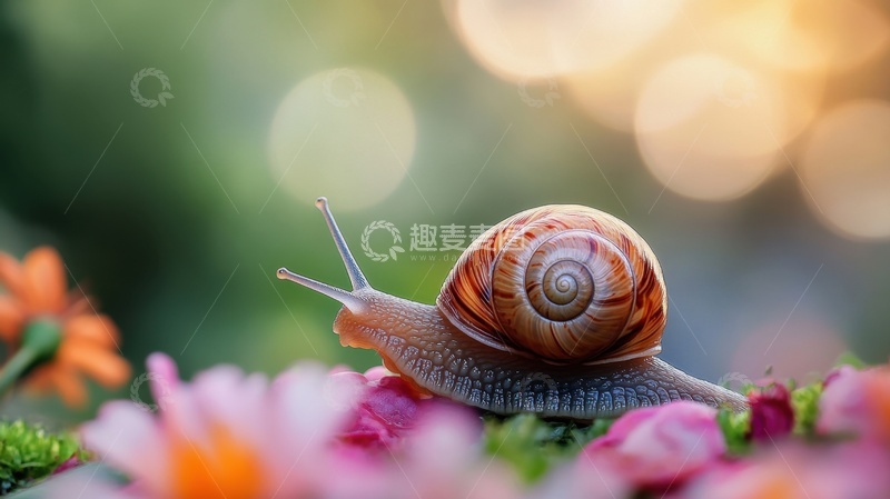 高清大图下载【趣麦麦图】爬行在花丛里的蜗牛