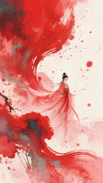 古风粒子水墨人物水彩画