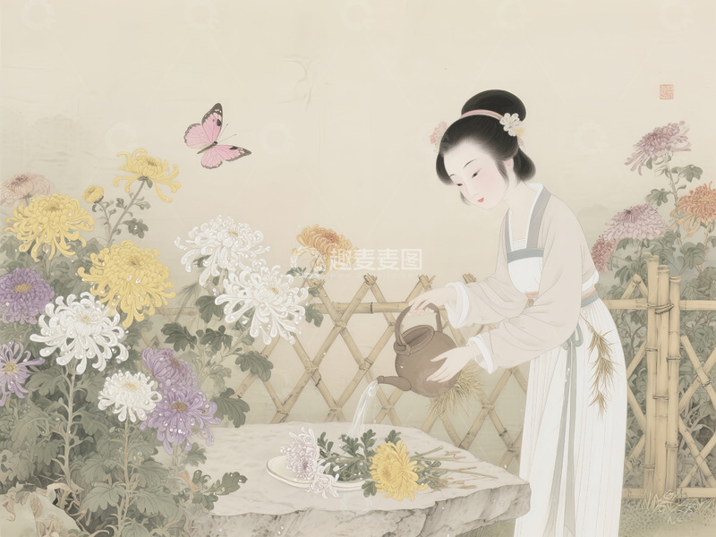 高清大图下载【趣麦麦图】二十四节气白露国风插画女人采菊素材