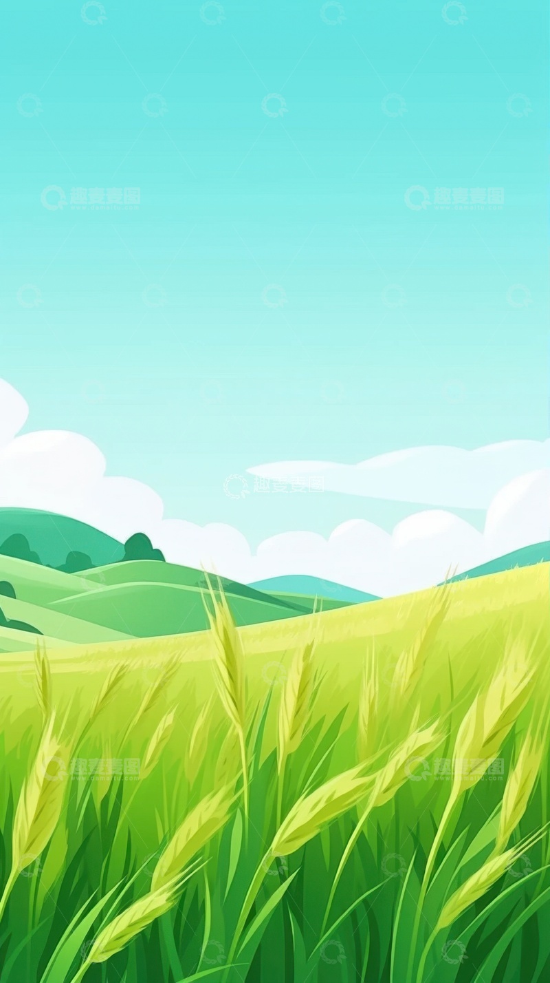 手绘简约青麦田地自然美景