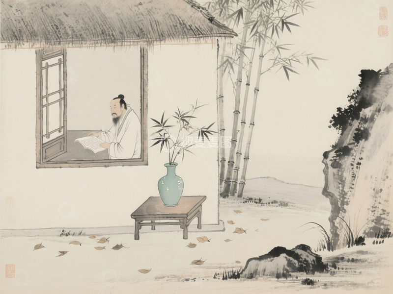 高清大图下载【趣麦麦图】中国复古风国风绘画古人茅屋读书素材插画