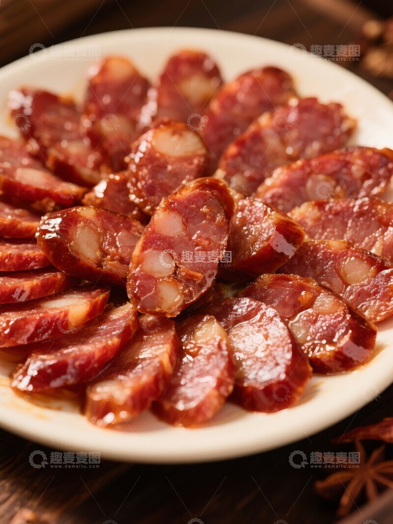 高清大图下载【趣麦麦图】美味广式腊肠切片摆盘，色泽诱人