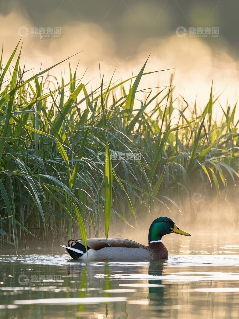 高清大图下载【趣麦麦图】晨雾中的绿头鸭