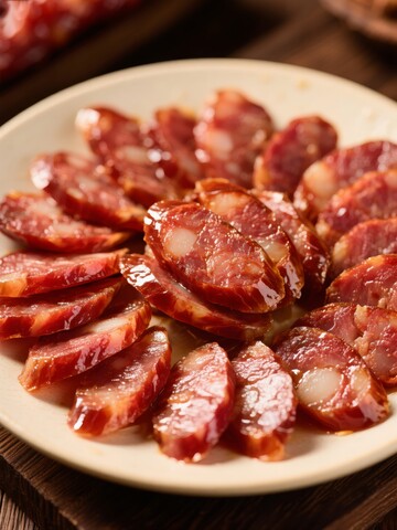 盘中切片腊肠，色泽诱人