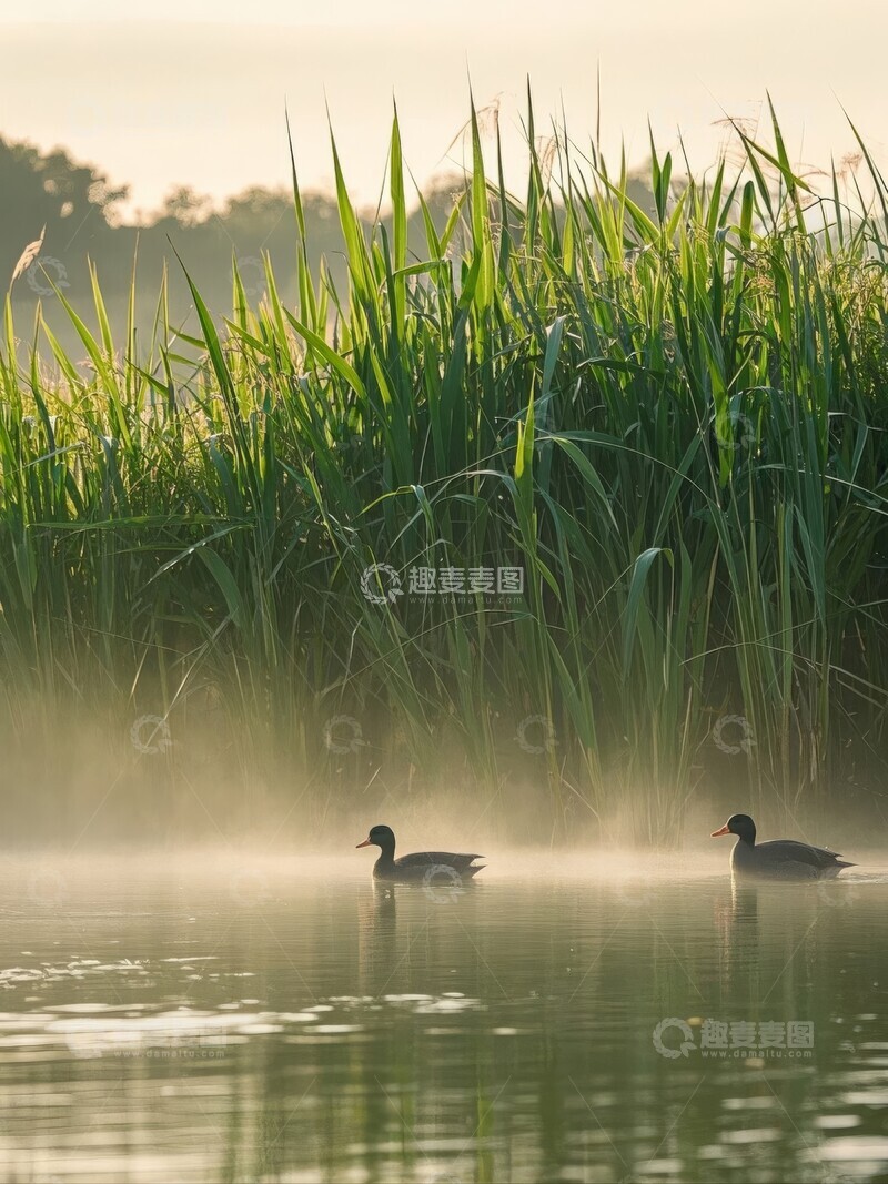 高清大图下载【趣麦麦图】晨雾中的湖面与鸭子