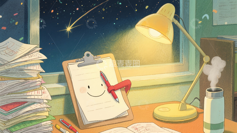 高清大图下载【趣麦麦图】夜色夜晚灯光下课桌书桌学习绘画