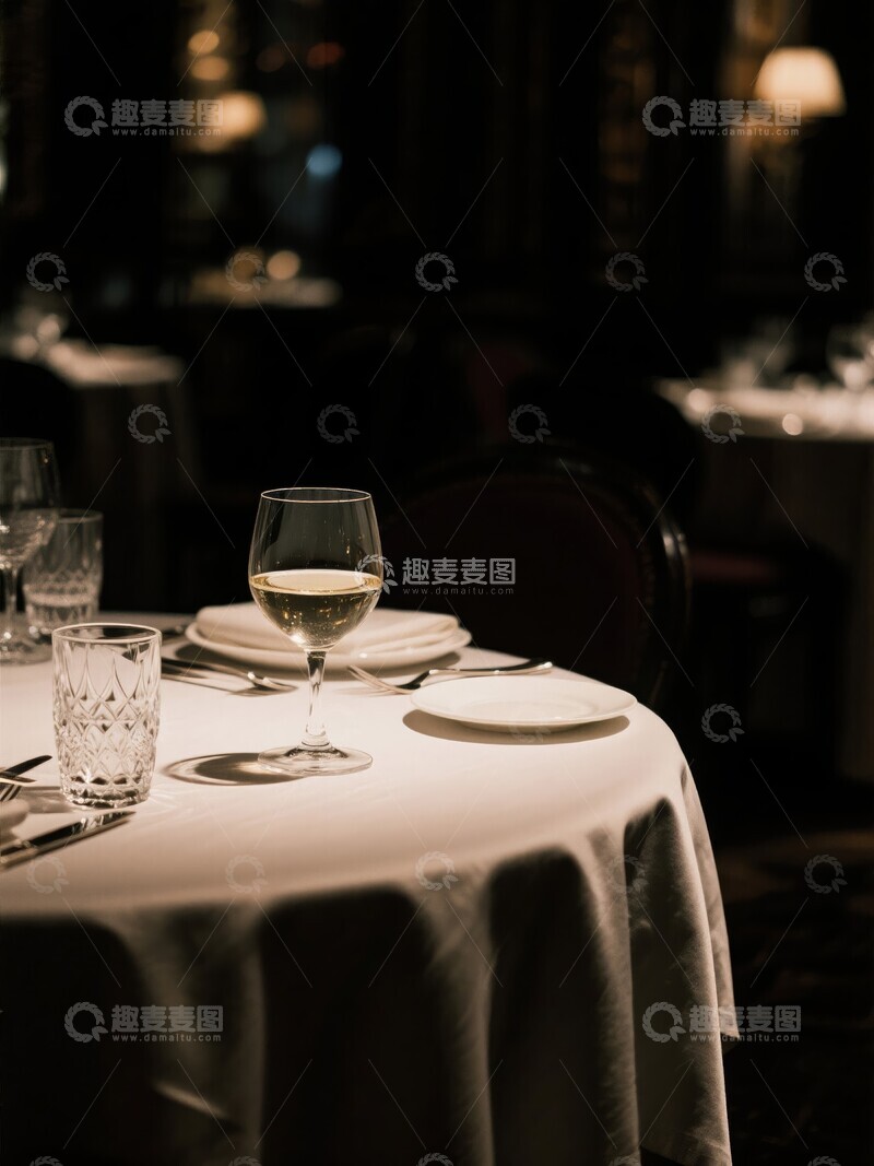 高清大图下载【趣麦麦图】餐厅餐桌上的酒杯与餐具