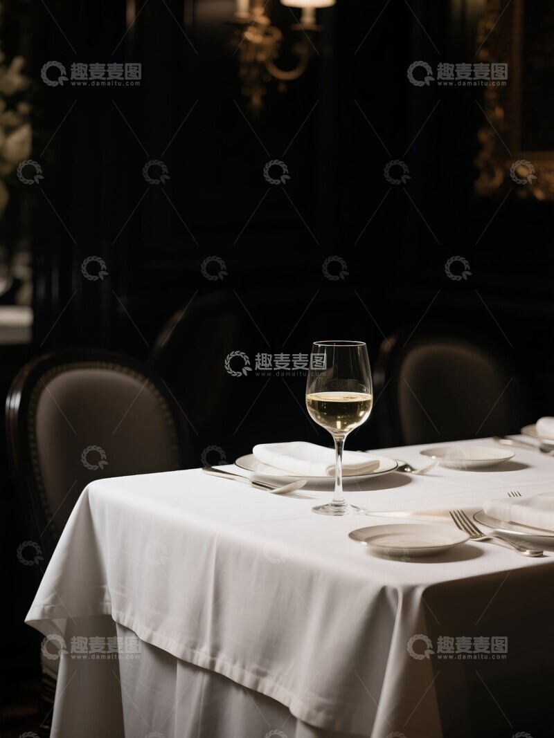 高清大图下载【趣麦麦图】高级感西餐厅餐桌上的酒杯与餐具