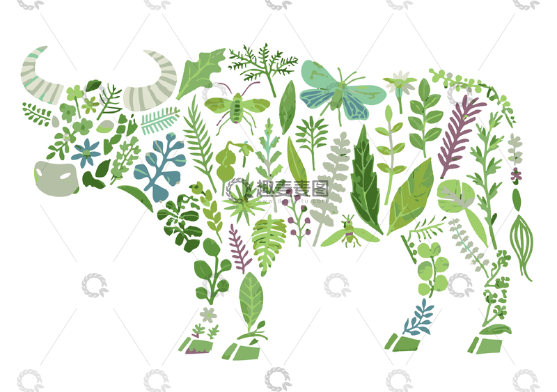 源文件下载【趣麦麦图】植物图案组合的牛