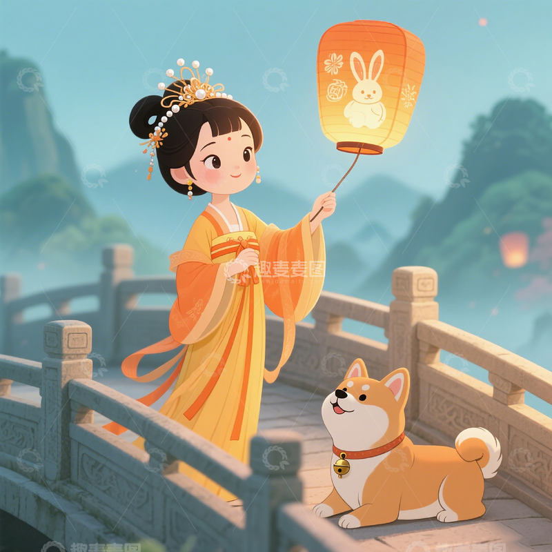 高清大图下载【趣麦麦图】卡通人物中秋节插画素材孔明灯