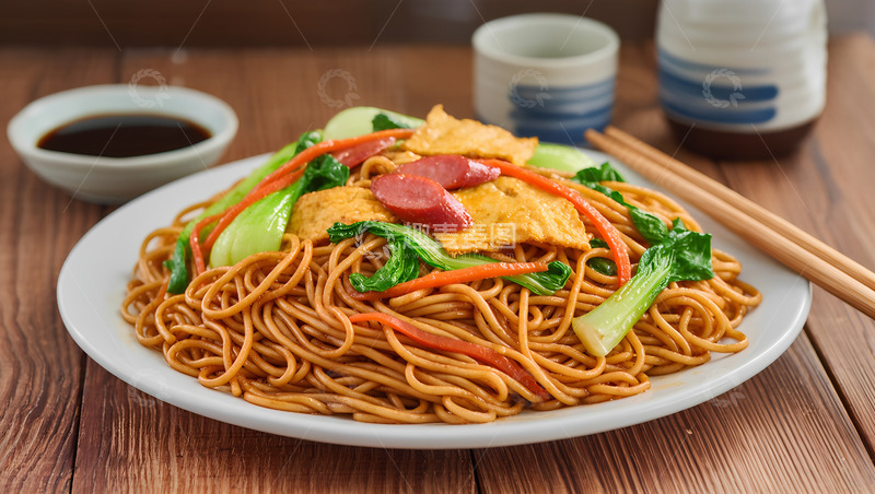 高清大图下载【趣麦麦图】美味香肠蔬菜炒面美食摄影