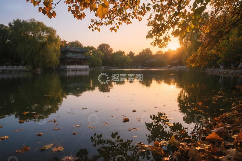 高清大图下载【趣麦麦图】秋日落叶飘下美丽的湖面