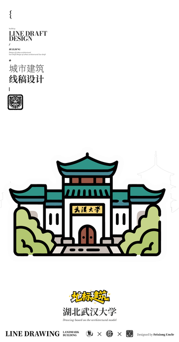 湖北武汉大学城市地标矢量建筑线描海报