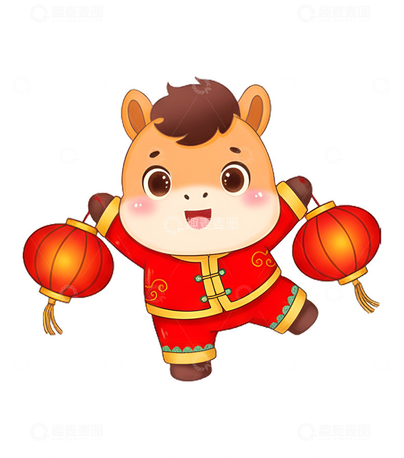 卡通手绘新年拿着灯笼的卡通小马