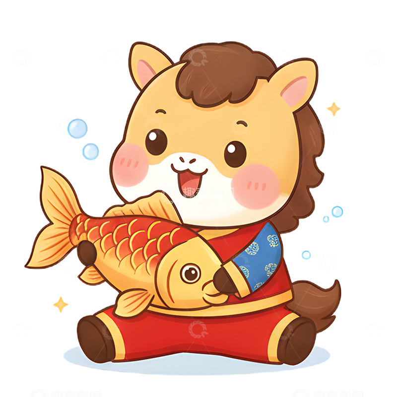卡通手绘马年生肖抱着可爱锦鲤免抠元素