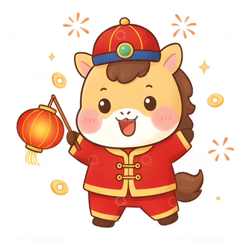 卡通手绘马年生肖拿着灯笼免抠元素