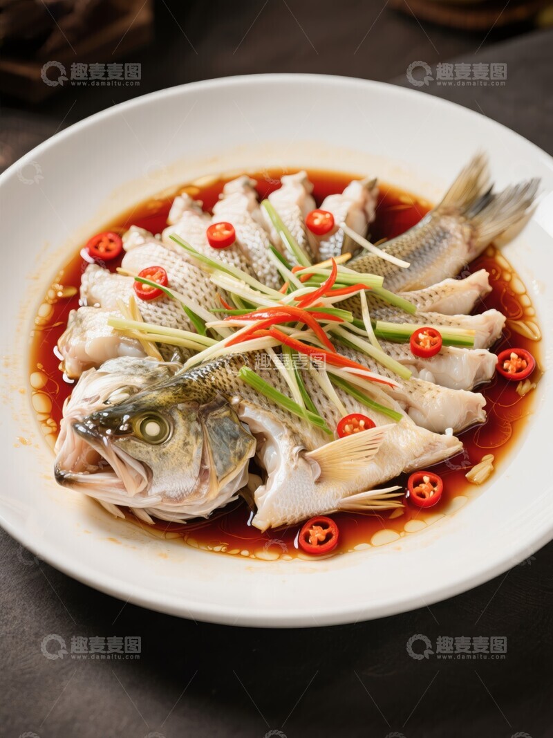 高清大图下载【趣麦麦图】蒸鲈鱼配红辣椒和葱丝